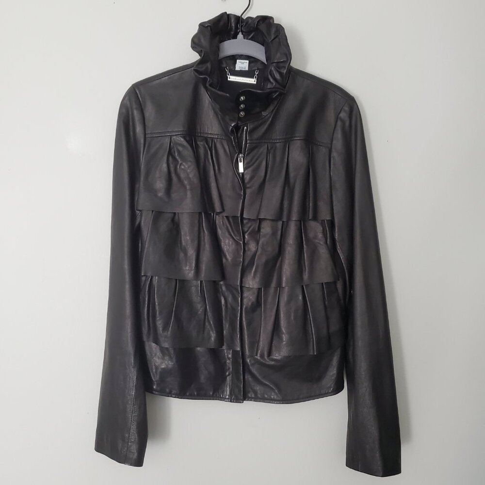 NEW DVF Diane von Furstenberg Black Leather Cupcake Ruffle Jacket Size 6